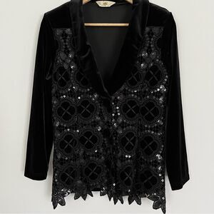RARE VINTAGE Sagaie Paris Black Velvet Crochet Lace Sequin Blazer, Size 2